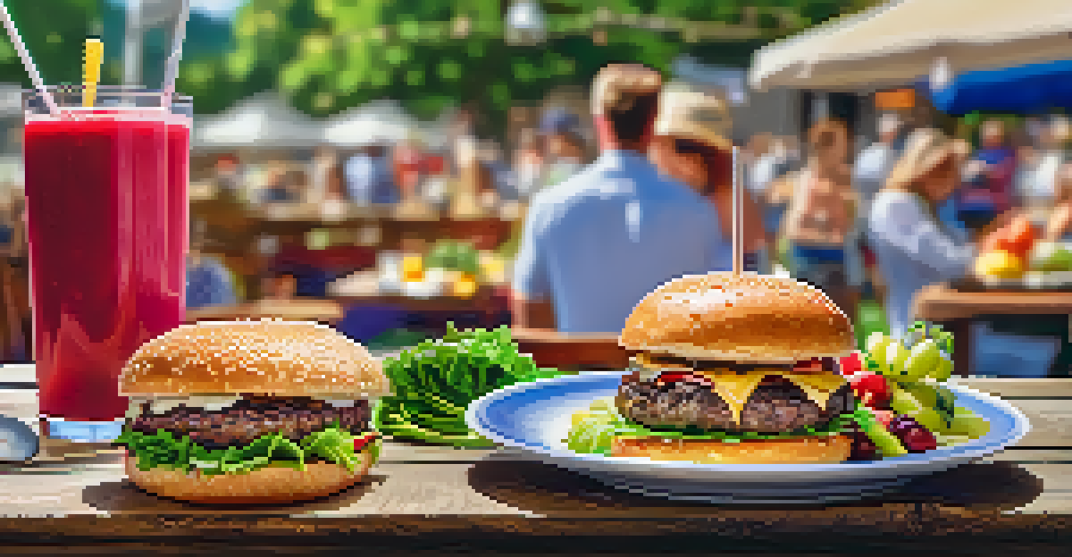 A close-up of a delicious burger, fresh fruits, and a smoothie on a rustic table at an outdoor festival.