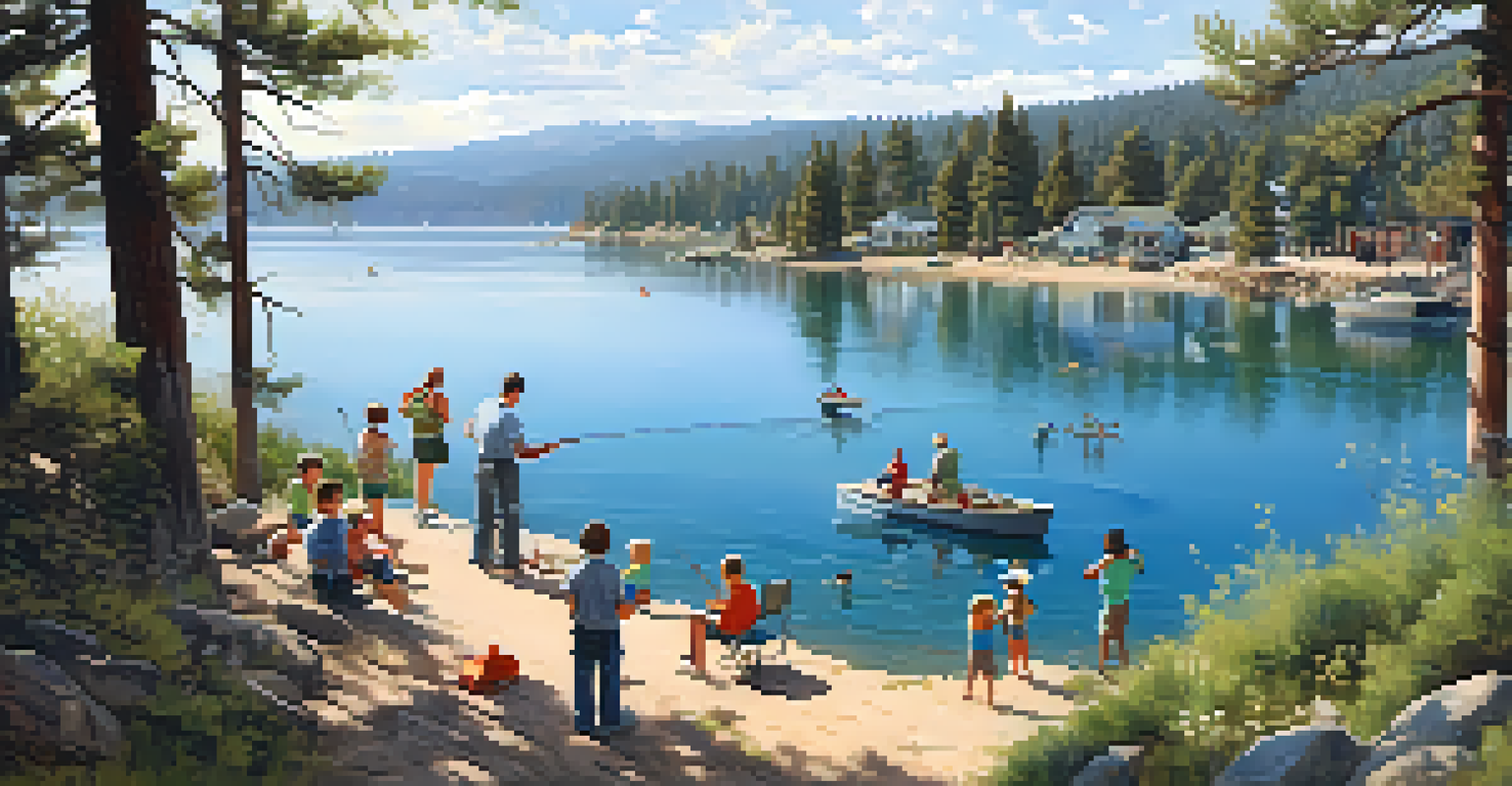Families fishing and enjoying a sunny day at Big Bear Lake's north shore, with children playing and adults fishing from a pier.