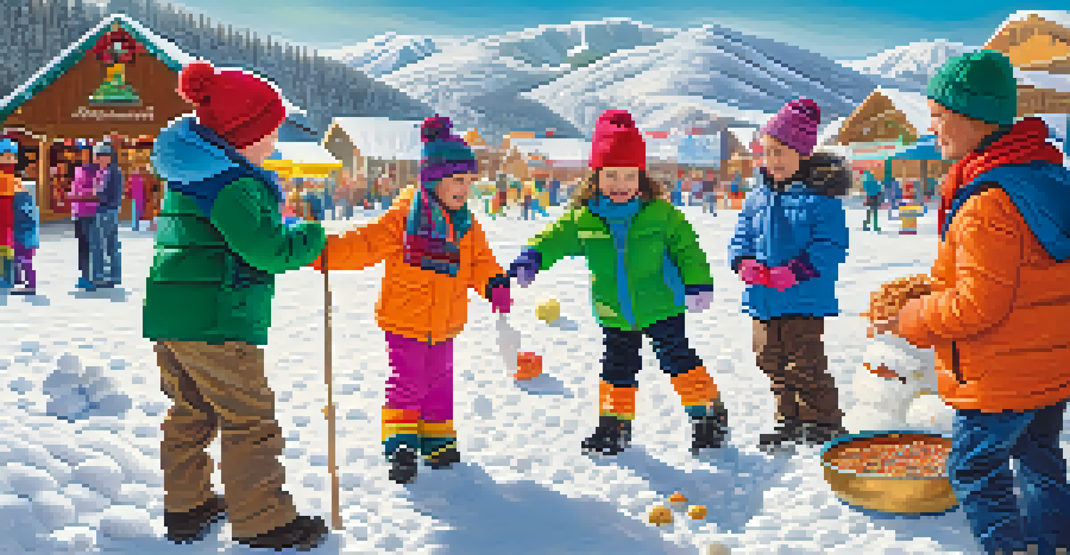 Children building a snowman in a winter setting, surrounded by snow-covered hills and vendors selling treats.