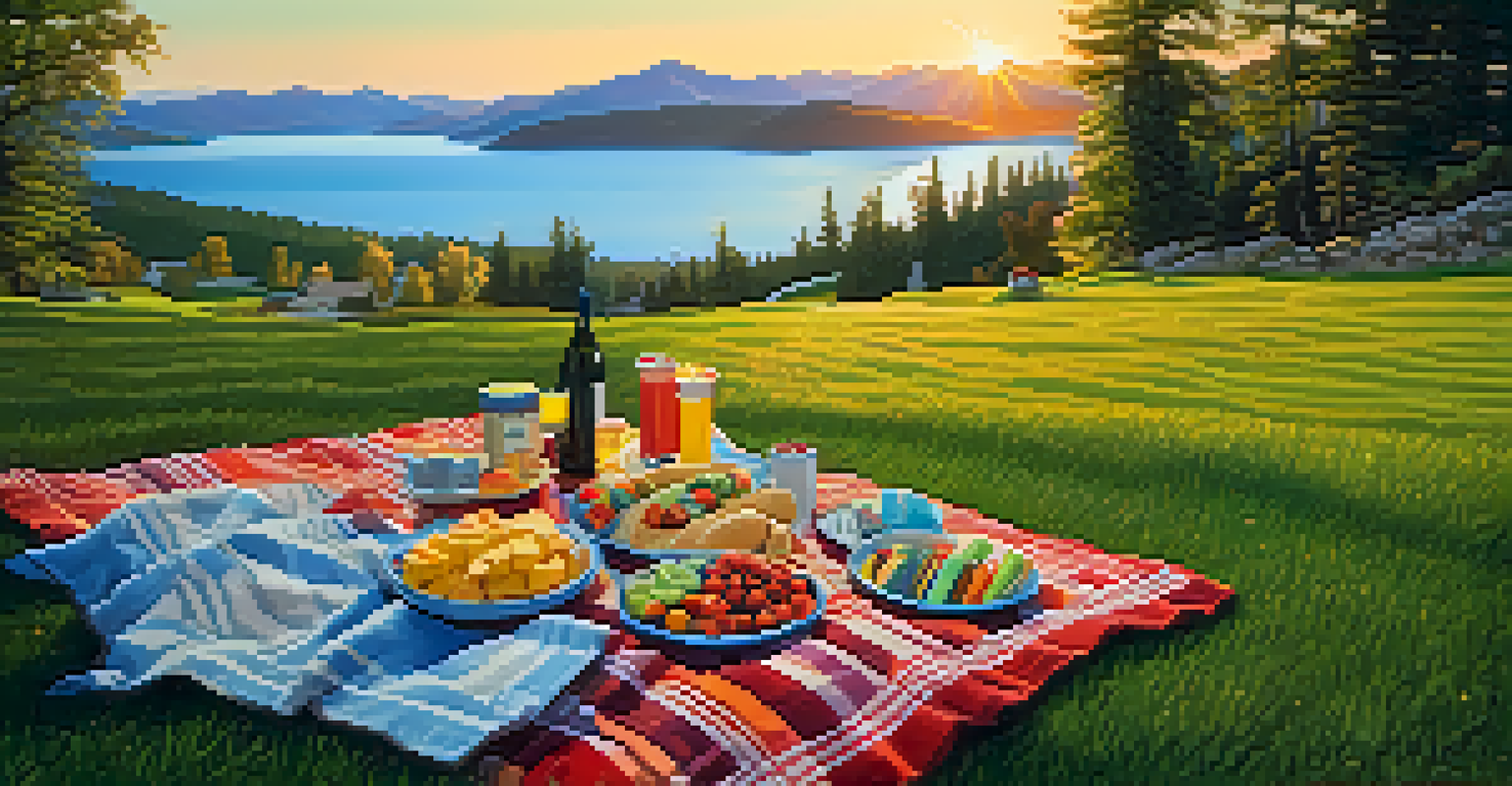 A peaceful picnic setup at Lakeview Point with a blanket, snacks, and a beautiful sunset over the lake and mountains.