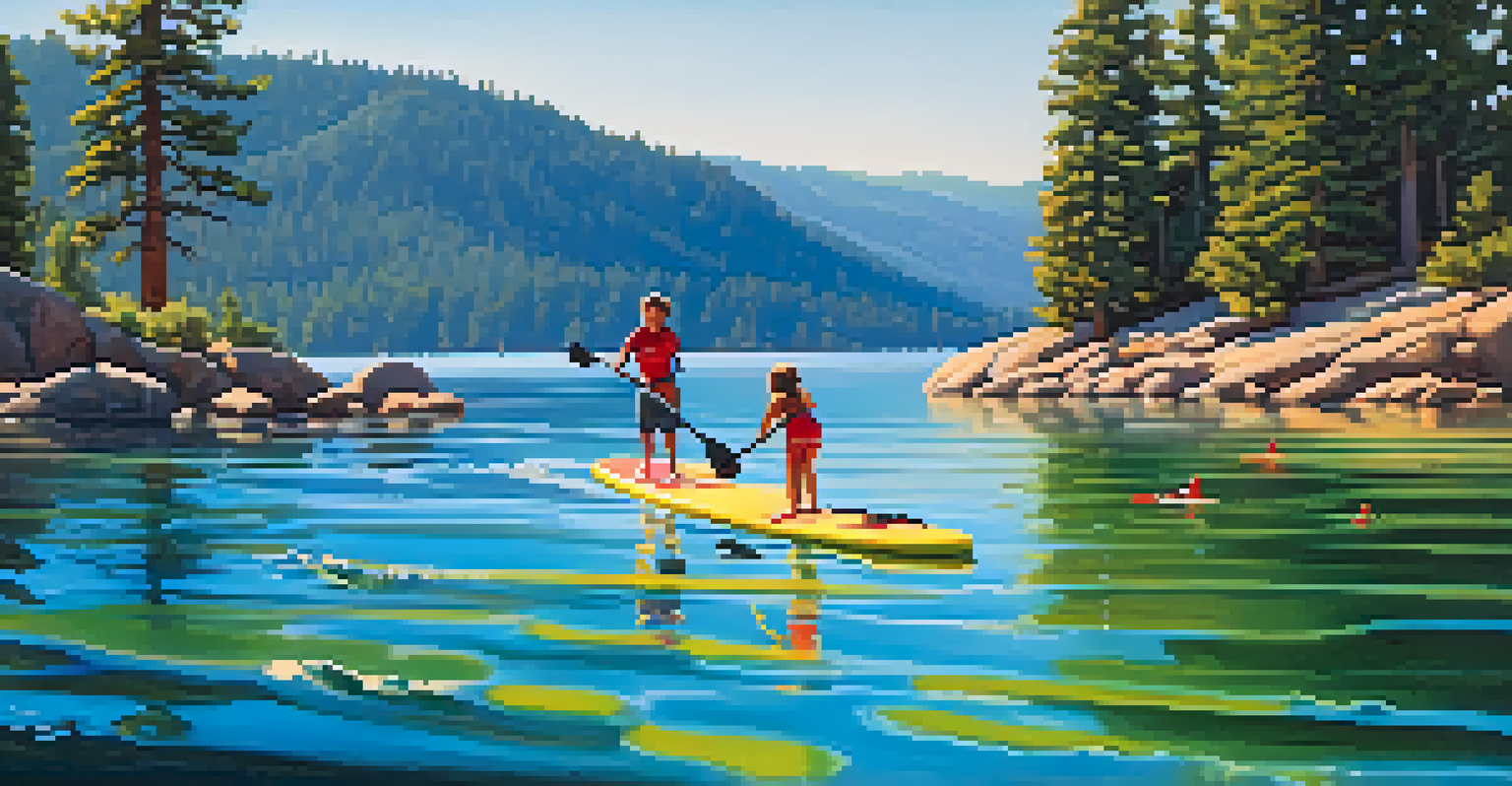A family enjoying stand-up paddleboarding on a lake with mountains and trees in the background.
