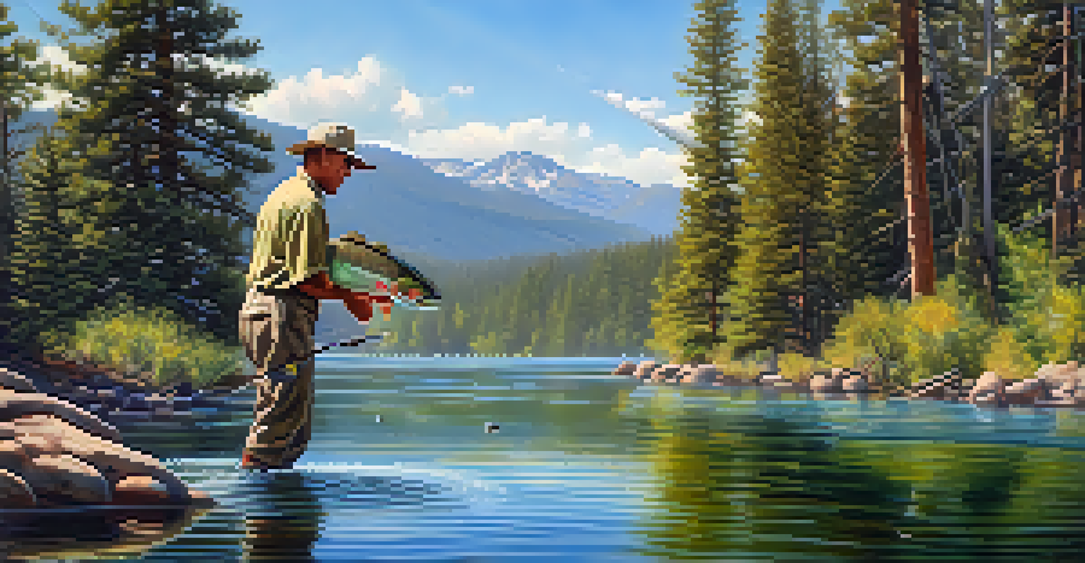 A fisherman holding a vibrant trout above water, practicing catch and release in a beautiful natural setting.