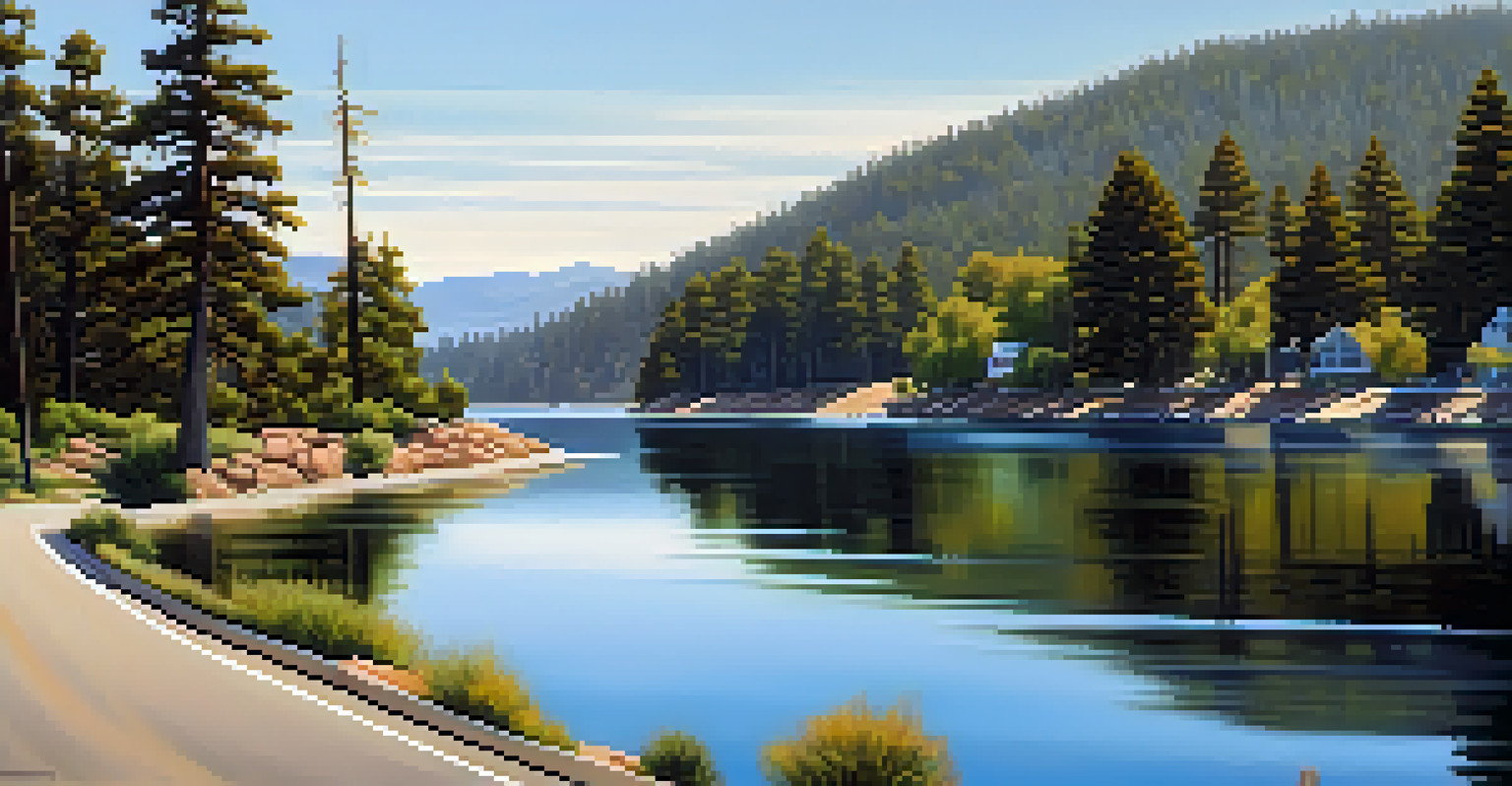 A peaceful view along Lakeview Drive, with calm waters of Big Bear Lake and lush greenery.
