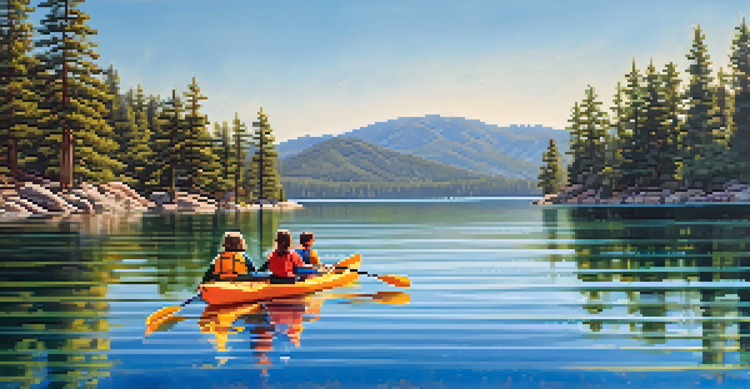 A joyful family kayaking on Big Bear Lake with trees and mountains in the background under a clear blue sky.