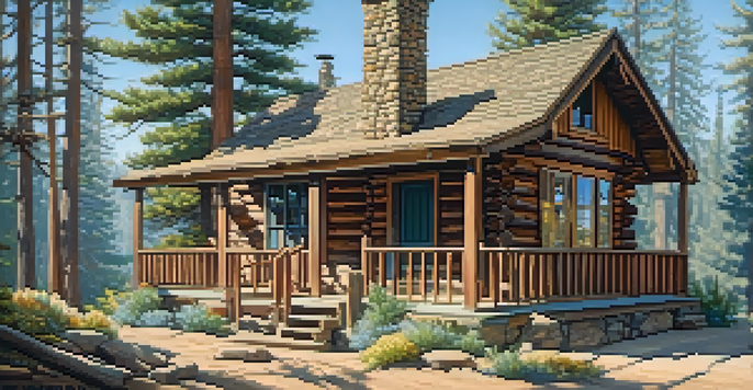 A rustic cabin nestled among tall pine trees with a stone chimney and flower pots on the porch, illuminated by soft sunlight against a clear blue sky.