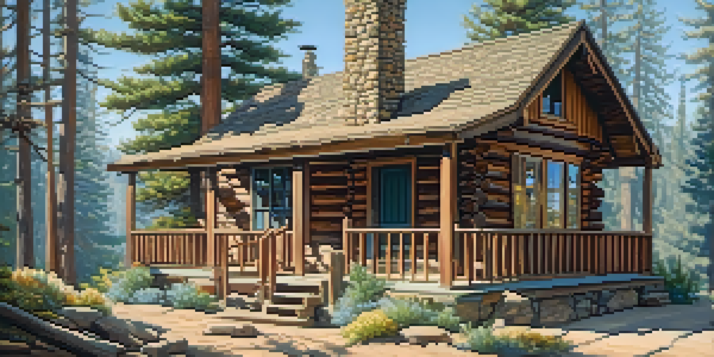 A rustic cabin nestled among tall pine trees with a stone chimney and flower pots on the porch, illuminated by soft sunlight against a clear blue sky.