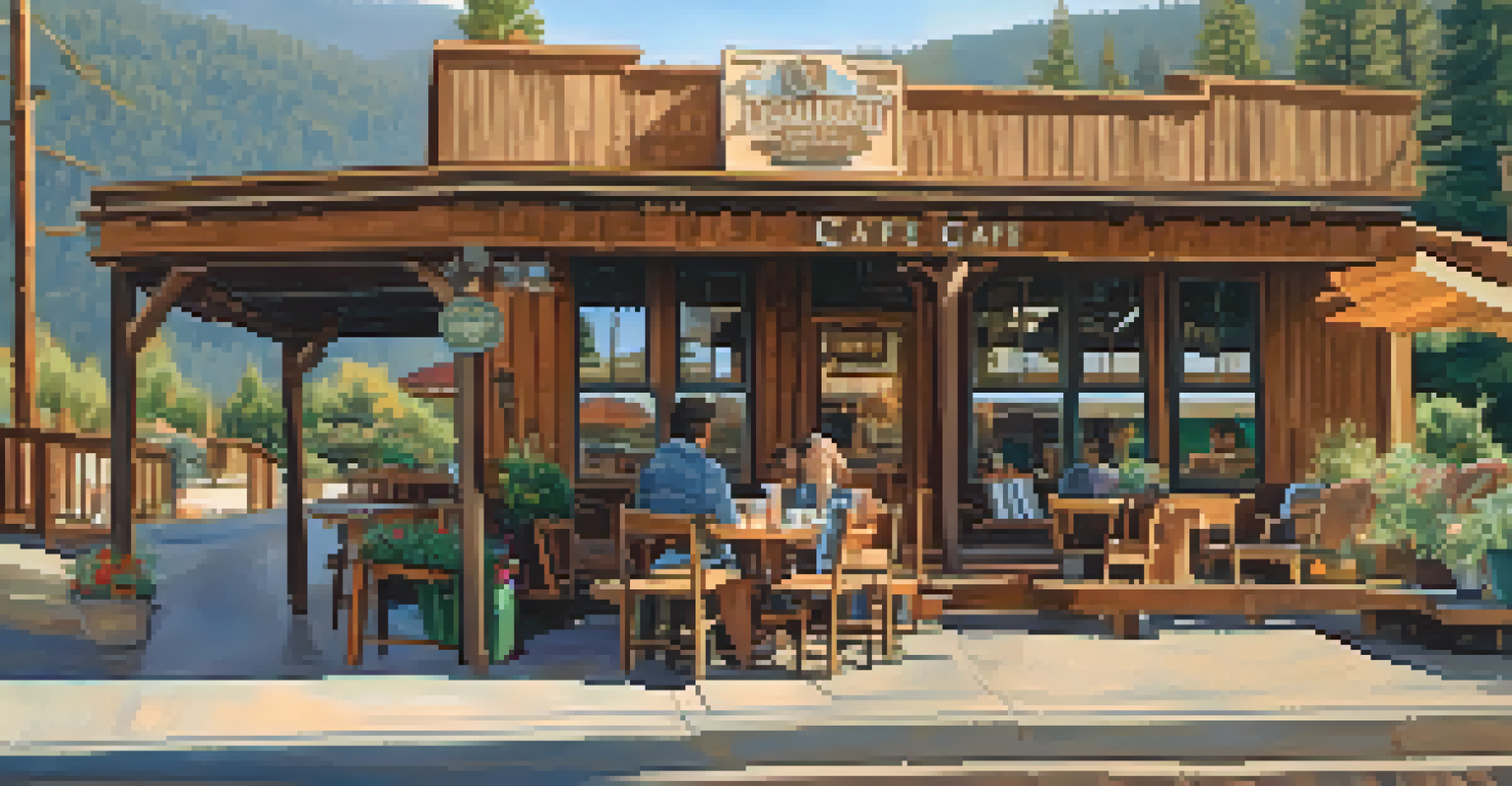 A dog sitting beside its owner at an outdoor table at Grizzly Manor Cafe, with breakfast dishes and a scenic mountain view.