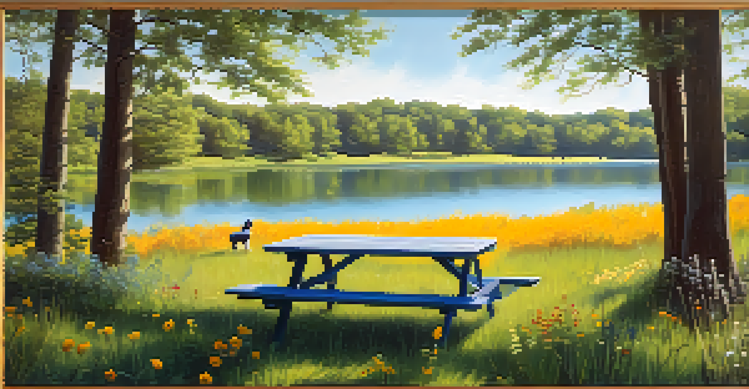 A serene view of Erwin Lake Park with a dog walking by the lake and a picnic setup nearby.
