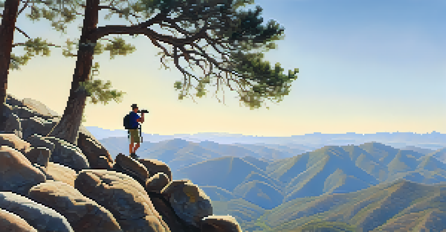A hiker on a rocky outcrop overlooking a scenic valley in the San Bernardino National Forest.