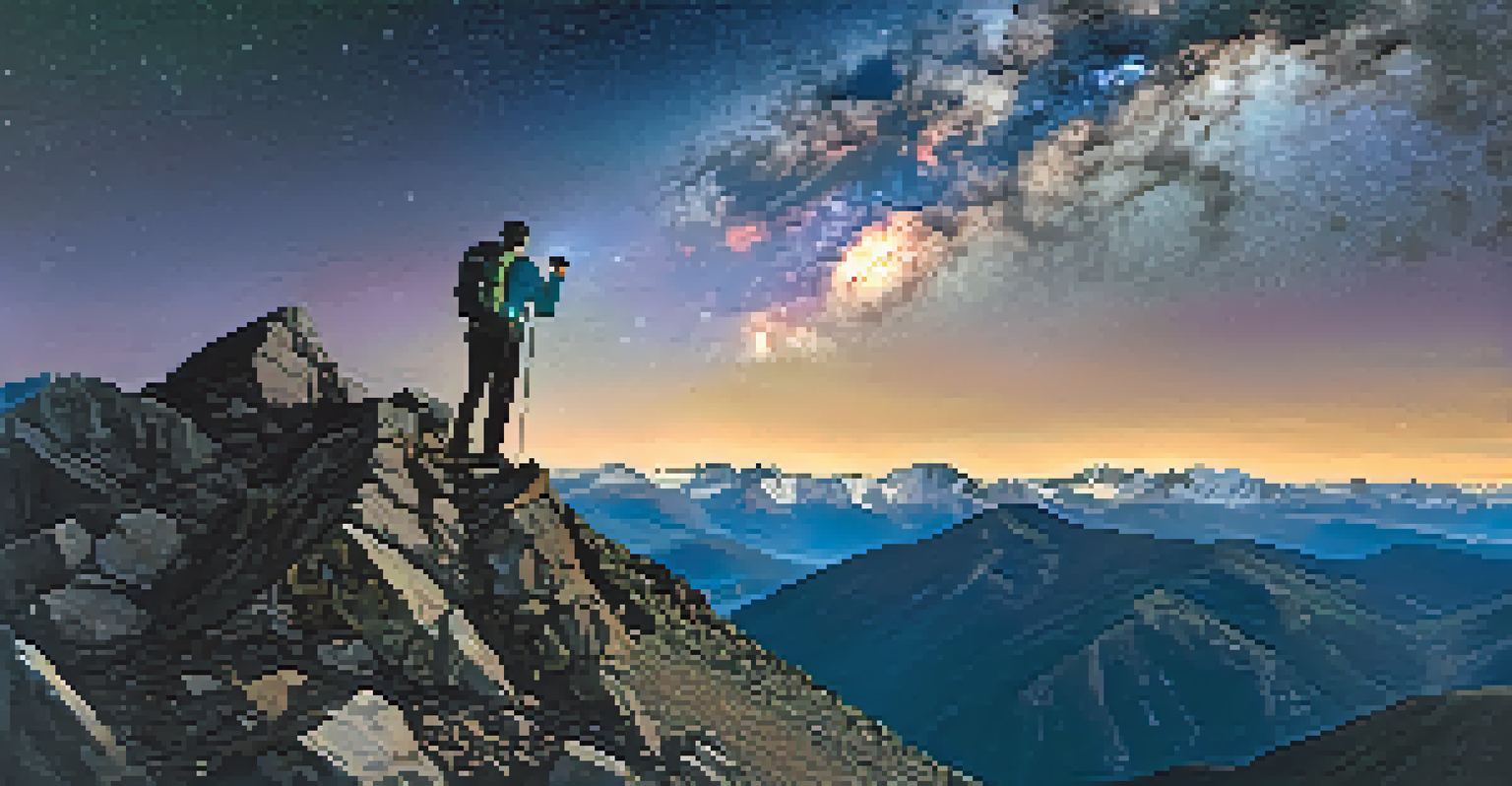 A hiker standing on a summit at night, looking up at the Milky Way, with mountains and a moonlit landscape in the background.