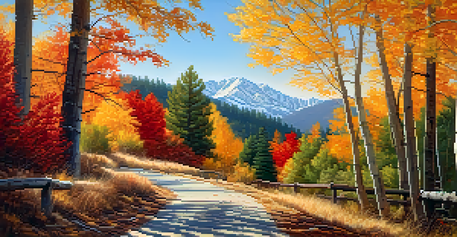 A beautiful autumn scene in Big Bear, with colorful leaves, a winding path, and mountains in the background.