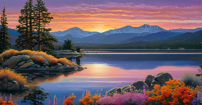 A beautiful sunset over Big Bear Lake with mountains in the background and a traditional Serrano totem in the foreground.