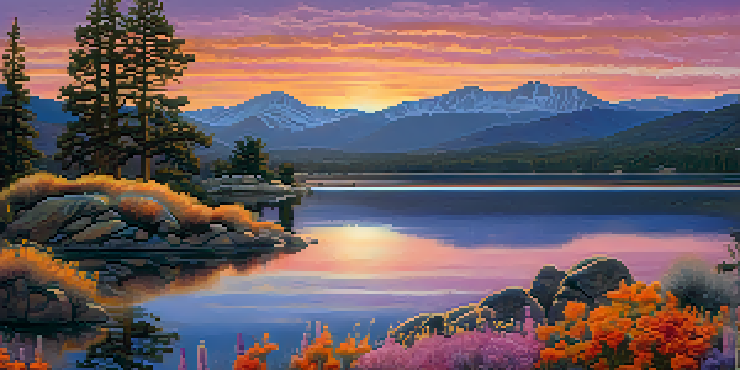 A beautiful sunset over Big Bear Lake with mountains in the background and a traditional Serrano totem in the foreground.