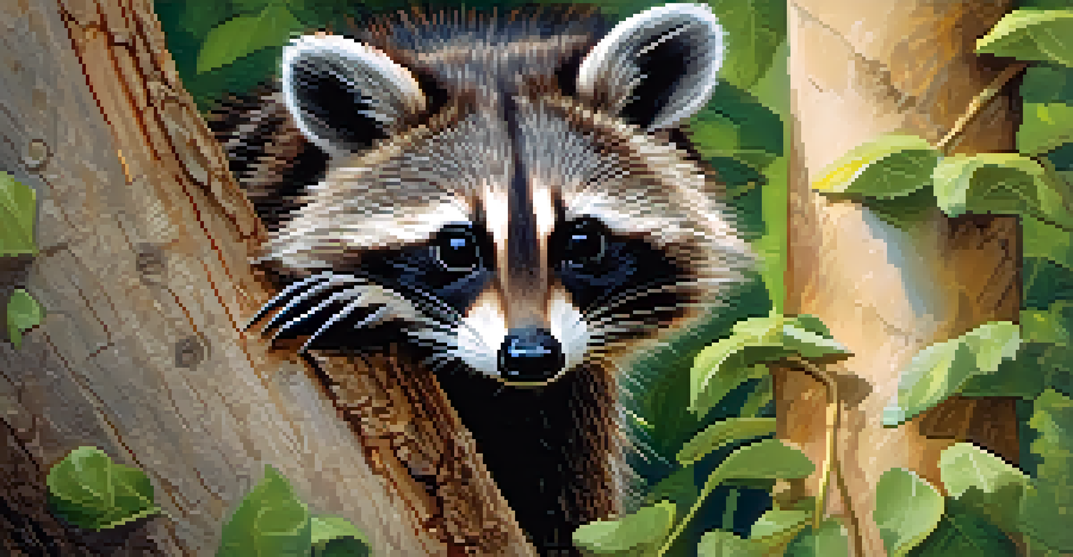 A close-up of a raccoon peeking from behind a tree trunk, with sunlight filtering through the leaves.