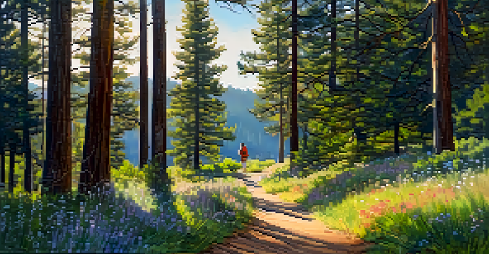 A peaceful hiking trail in Big Bear, with sunlight streaming through the trees and a hiker in the distance.