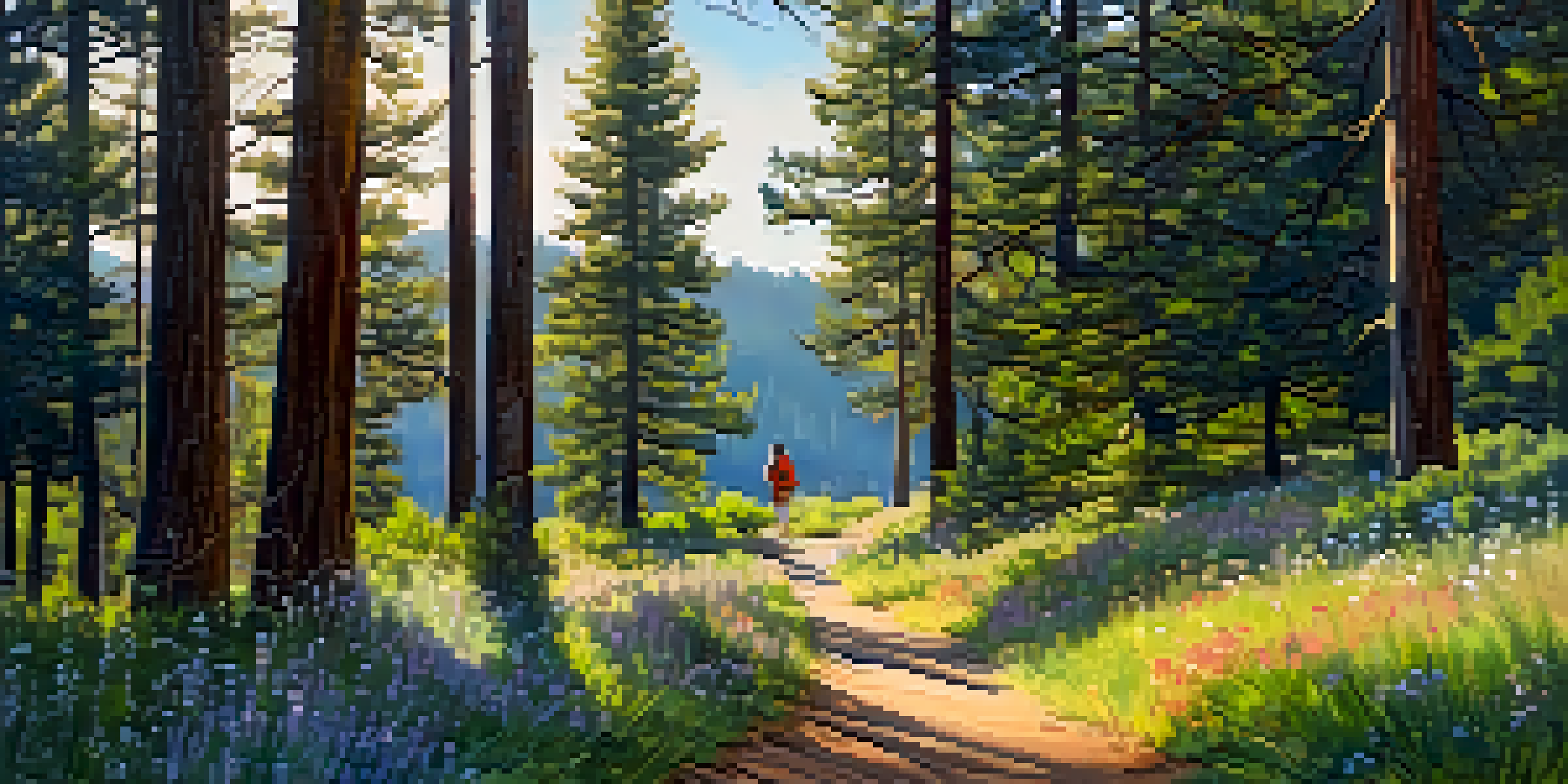 A peaceful hiking trail in Big Bear, with sunlight streaming through the trees and a hiker in the distance.