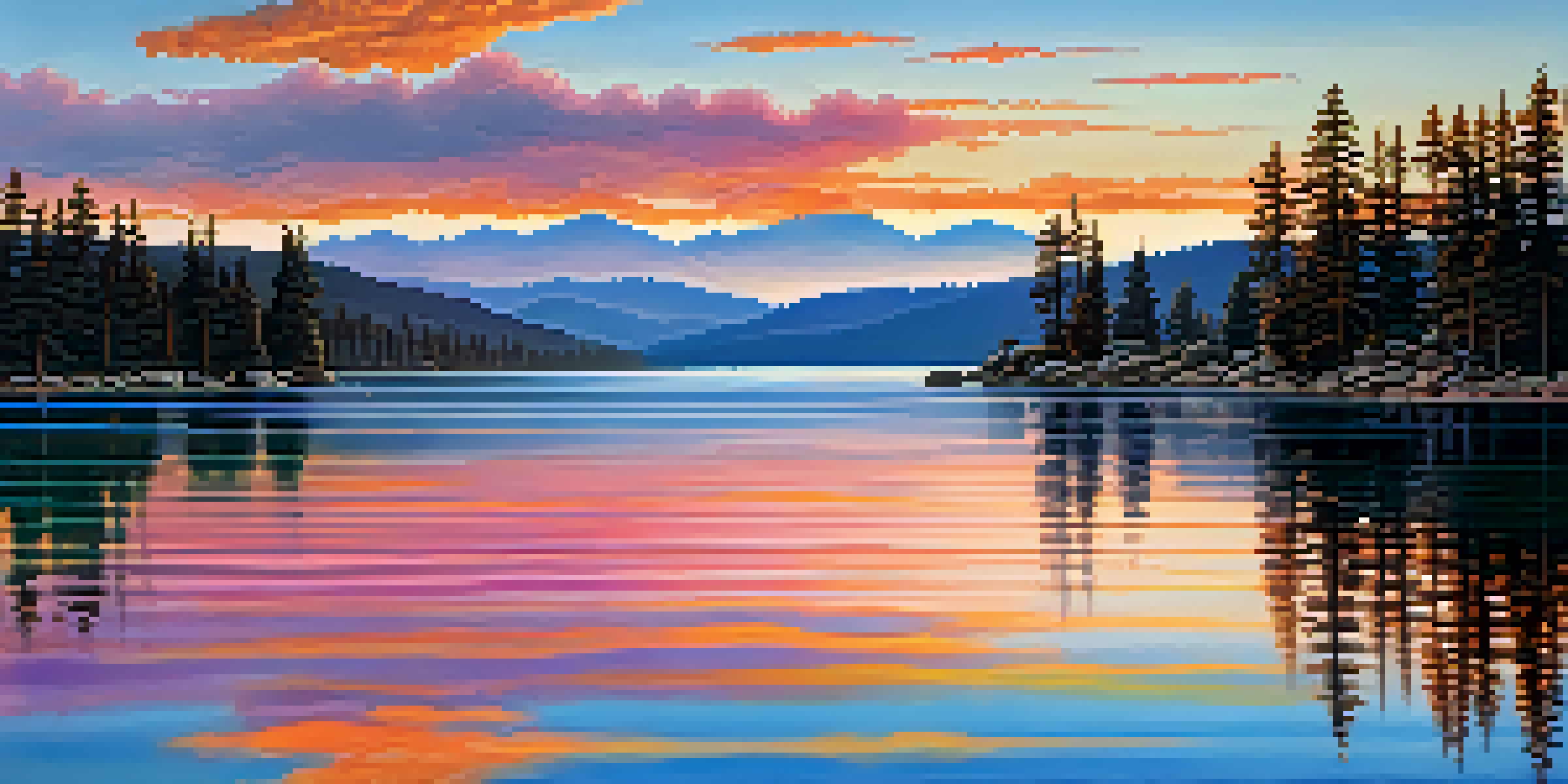 A sunset view over Big Bear Lake, featuring colorful reflections on the water and pine trees in the foreground.