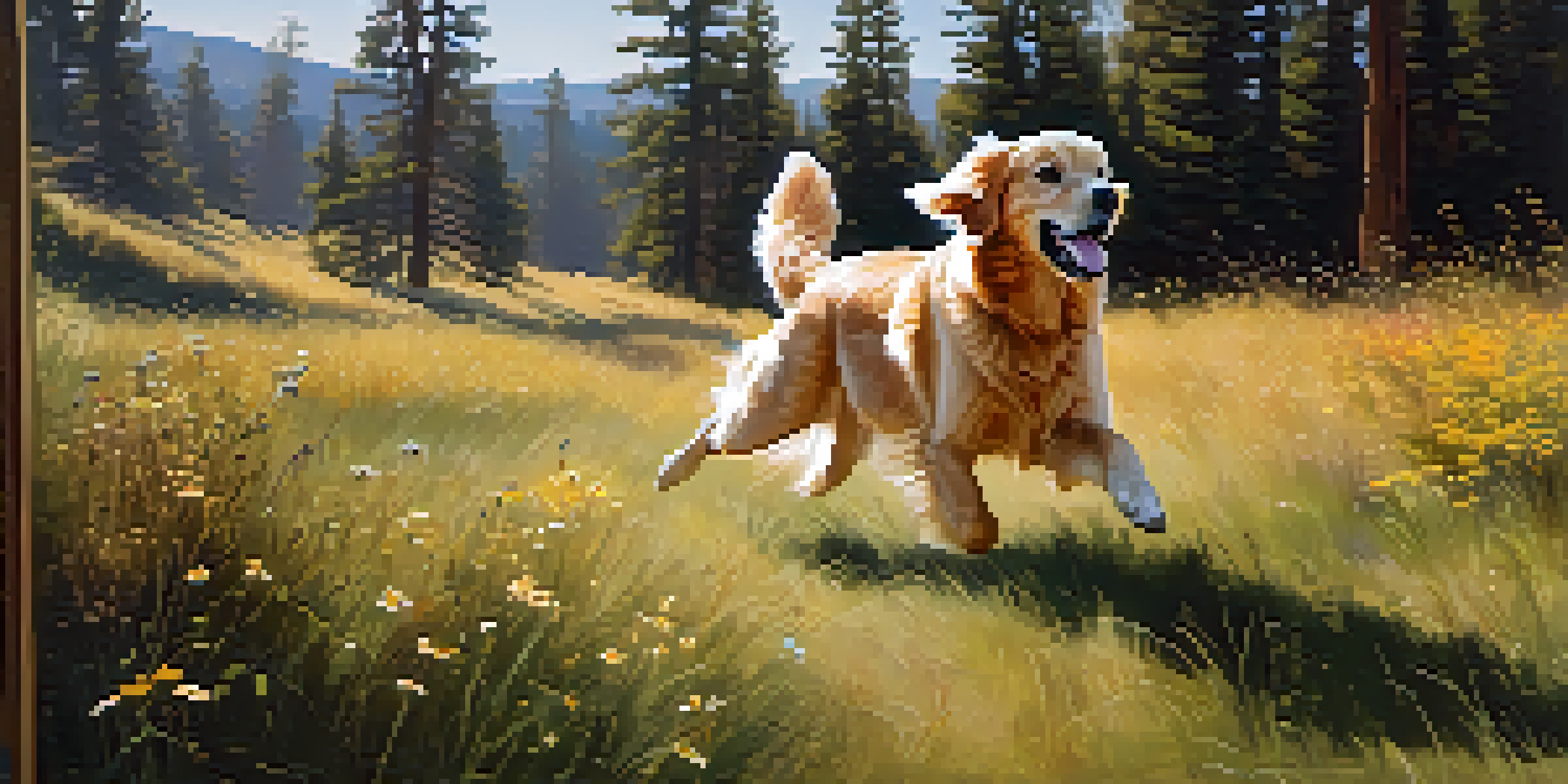 A golden retriever running in a grassy field at Big Bear Dog Park, surrounded by pine trees and wildflowers under a blue sky.
