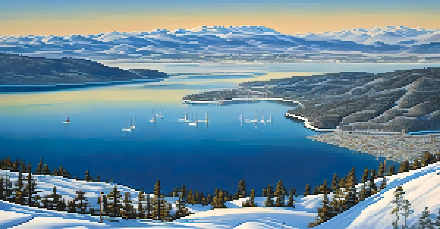 A stunning aerial view of Big Bear Lake and snow-covered mountains, with skiers visible on the slopes.