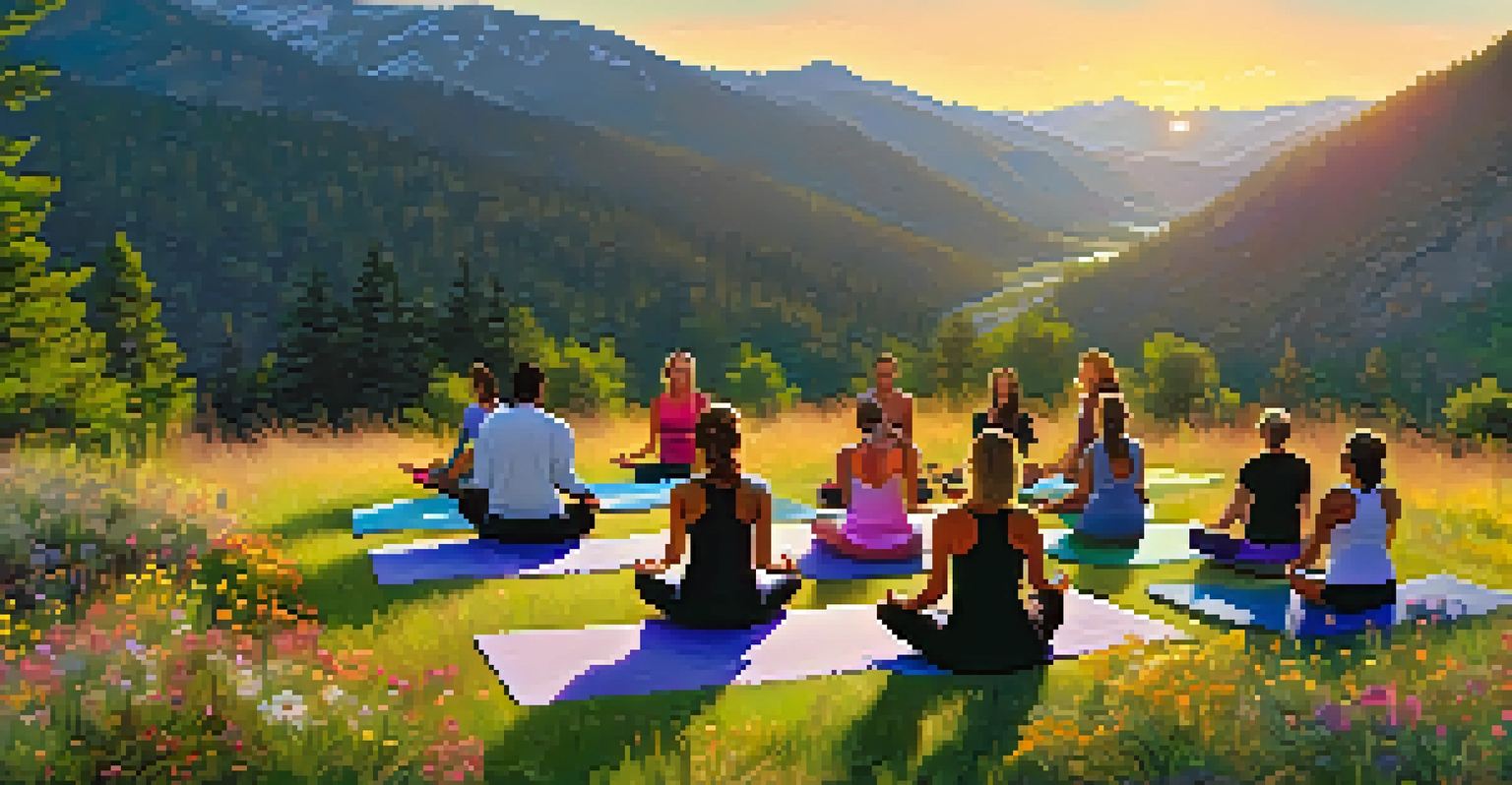A group of people practicing yoga outdoors surrounded by mountains and flowers during sunrise.