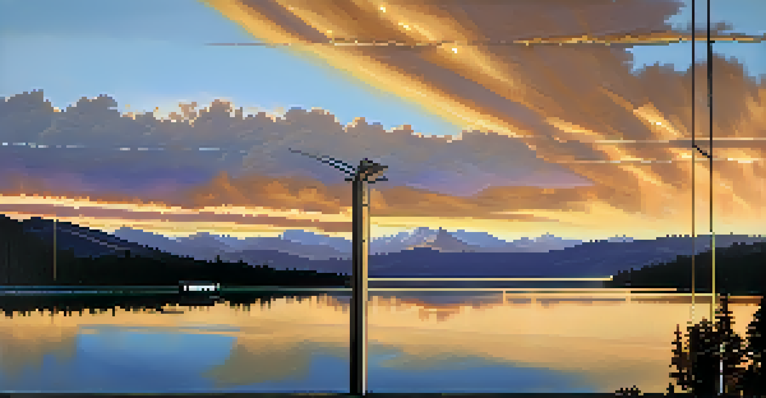 A view from a train window showing Big Bear Lake and mountains at sunset with golden light reflecting on the water.