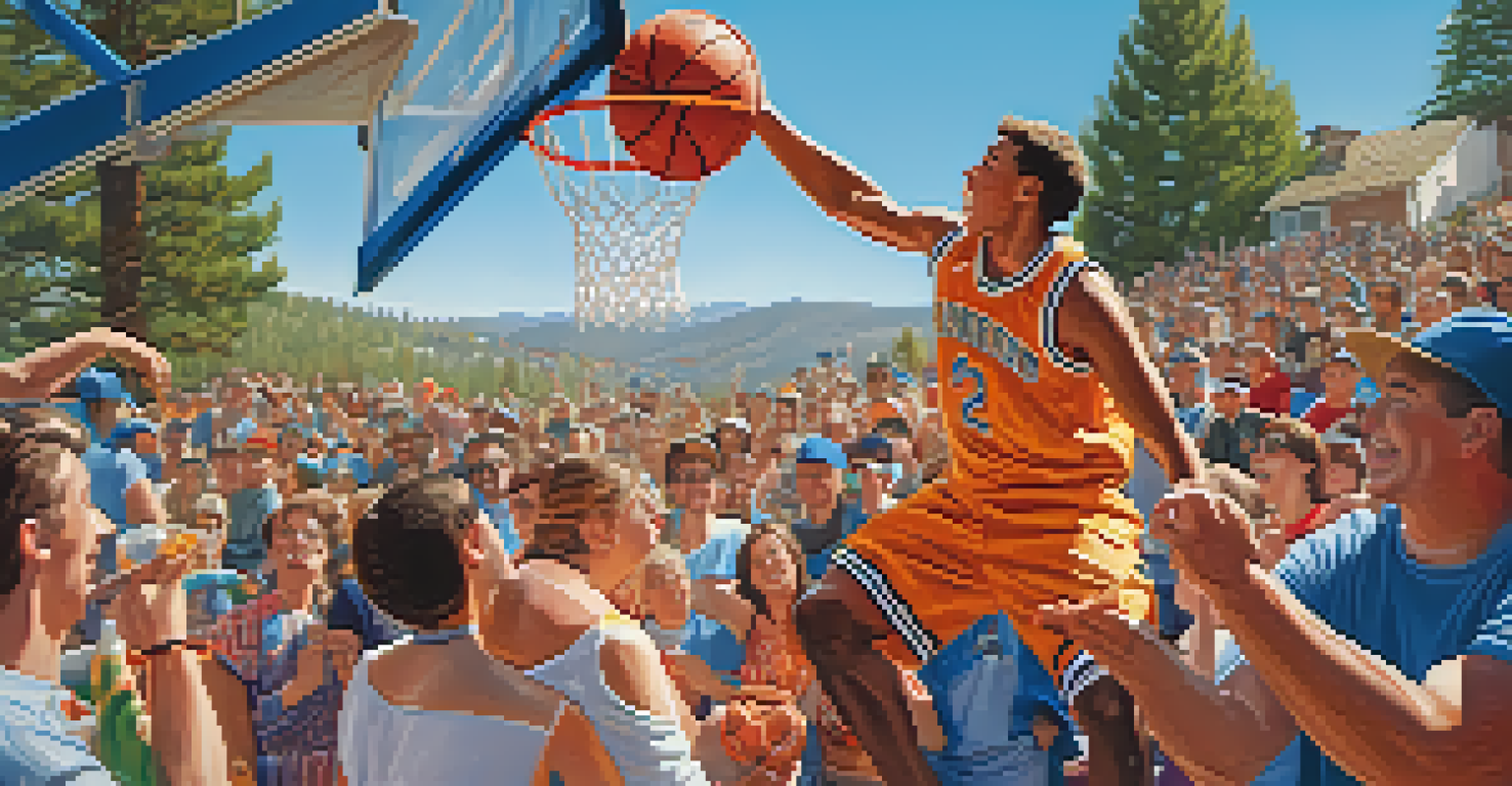 A player jumping to make a shot during a local basketball tournament in Big Bear, with a lively crowd in the background.