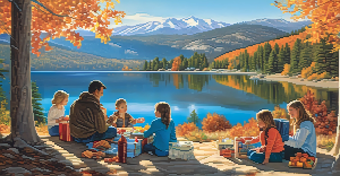 A family having a picnic by Big Bear Lake, with mountains in the background and autumn trees, showcasing eco-friendly practices.