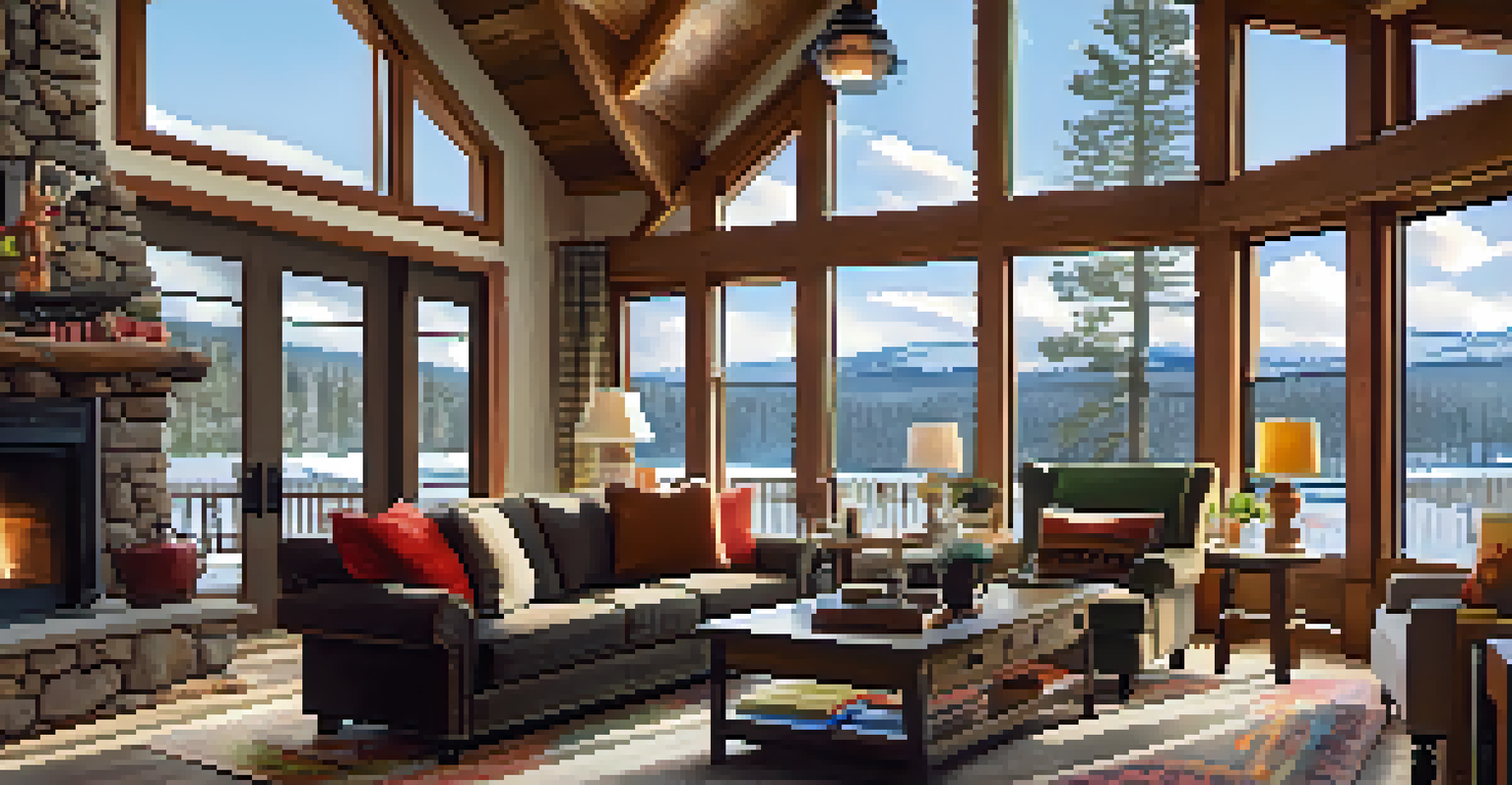 An inviting living room of a vacation rental, with a stone fireplace, plush sofas, large windows showing a snowy landscape, and a wooden coffee table with travel books.