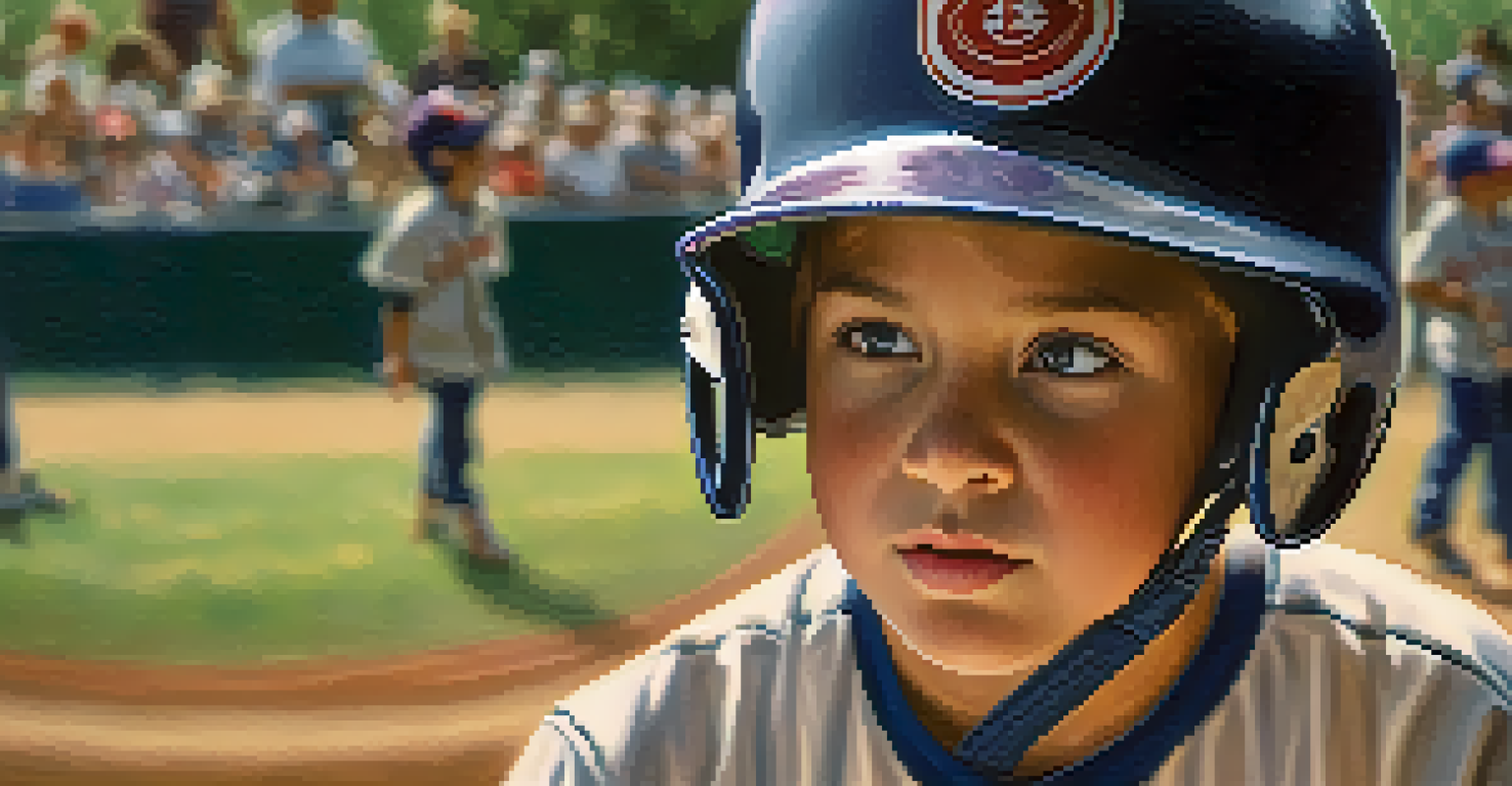 A young baseball player in a Little League uniform, focused and ready to bat, with sunlight illuminating their helmet.