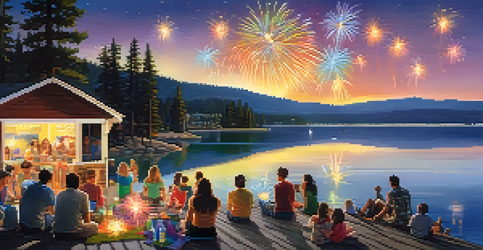 Families enjoying a colorful fireworks display over Big Bear Lake, with reflections on the water and a lively atmosphere.