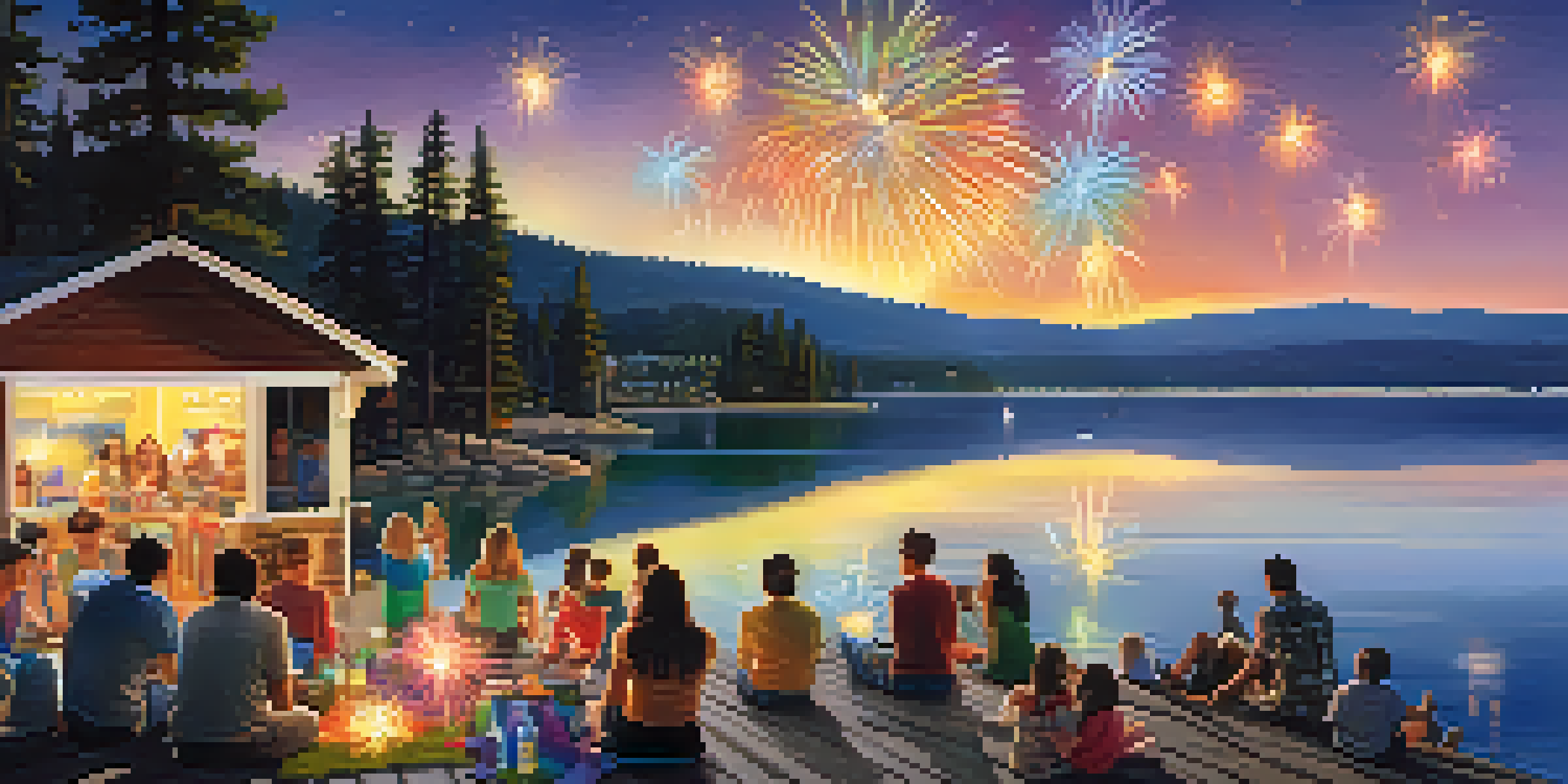 Families enjoying a colorful fireworks display over Big Bear Lake, with reflections on the water and a lively atmosphere.