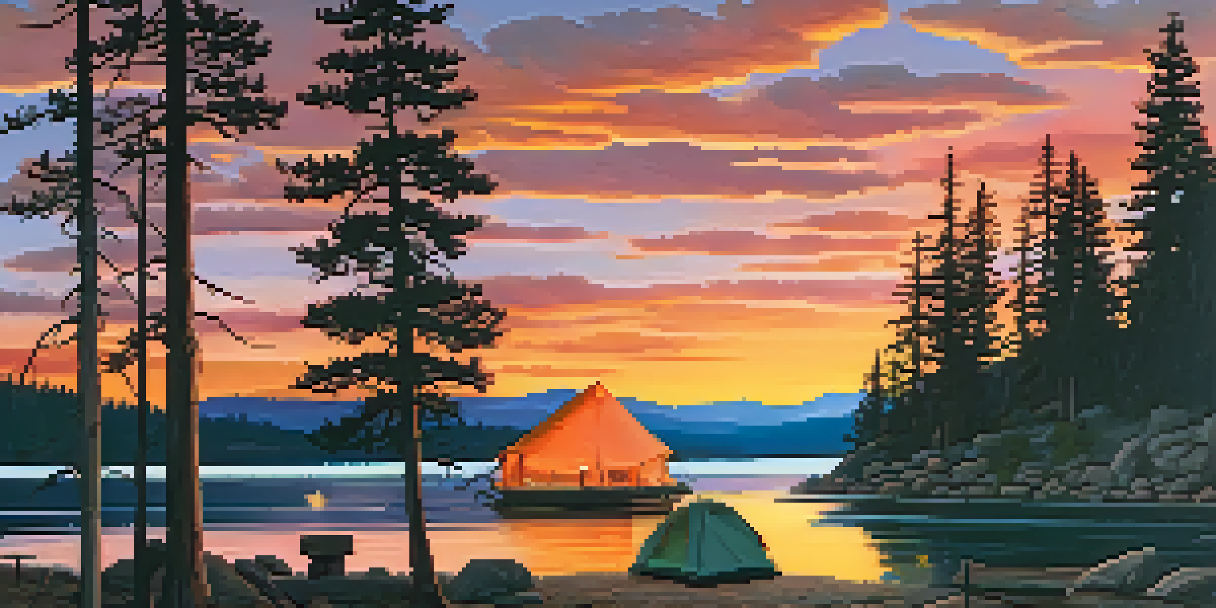 A tranquil sunset over Big Bear Lake, with a campsite featuring a tent and campfire, surrounded by trees and mountains.