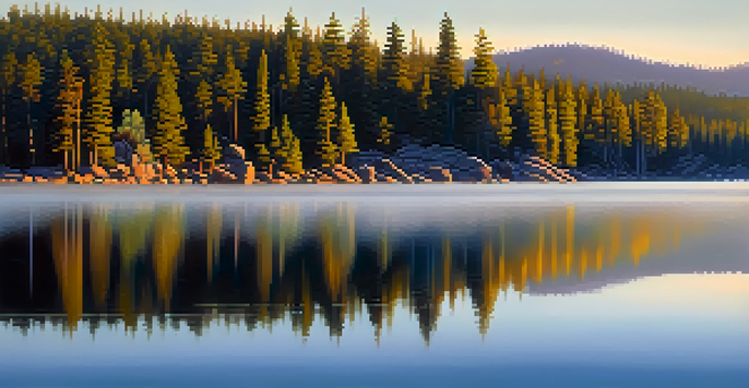 A peaceful morning view of Lake Arrowhead with mist over the water, surrounded by pine trees and mountains.