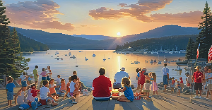 Families celebrating Independence Day at Big Bear Lake with decorations and sparklers in a sunset setting.