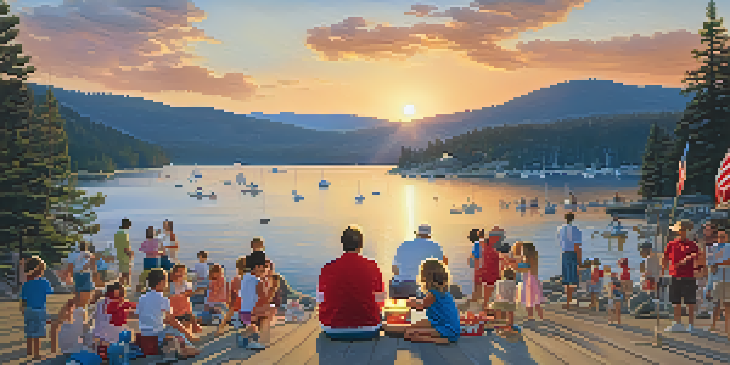 Families celebrating Independence Day at Big Bear Lake with decorations and sparklers in a sunset setting.