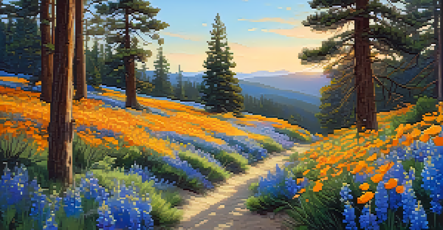 A hiking trail in Big Bear surrounded by blooming wildflowers like lupines and California poppies, with trees in the background.