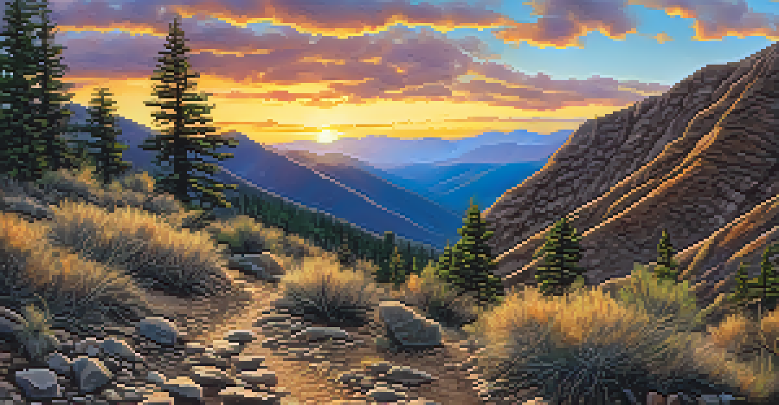 An off-roader navigating a rocky trail on Gold Mountain with steep climbs and a beautiful sunset in the background, displaying vibrant colors in the sky.
