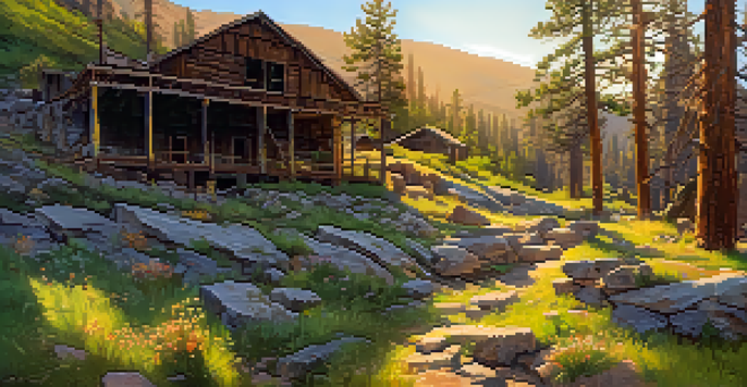 A scenic view of an abandoned mining site with overgrown structures and colorful wildflowers, illuminated by the sunset.