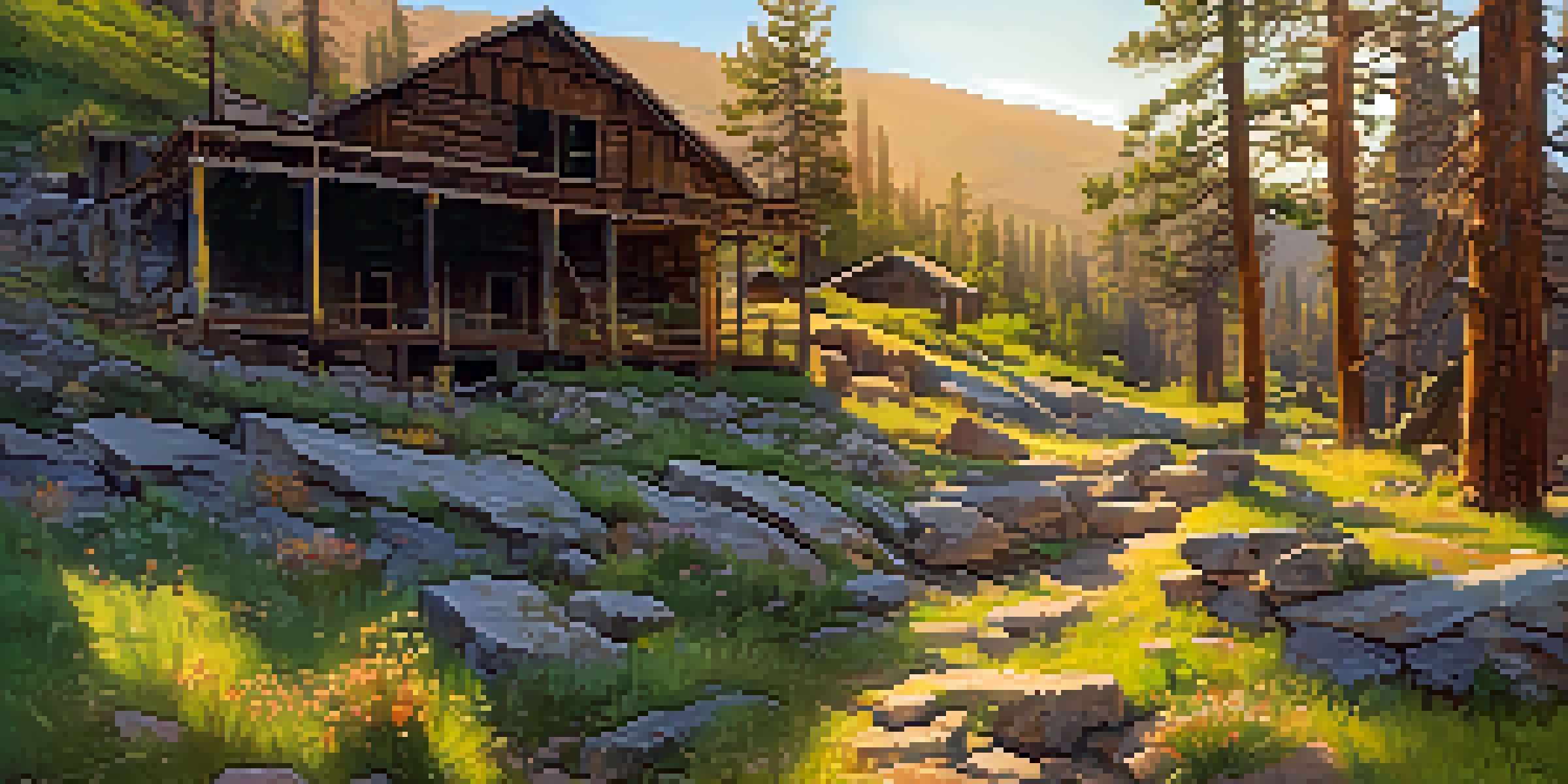 A scenic view of an abandoned mining site with overgrown structures and colorful wildflowers, illuminated by the sunset.