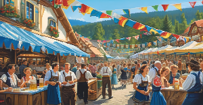 Families in traditional Bavarian attire enjoying food and music at the Big Bear Oktoberfest festival.