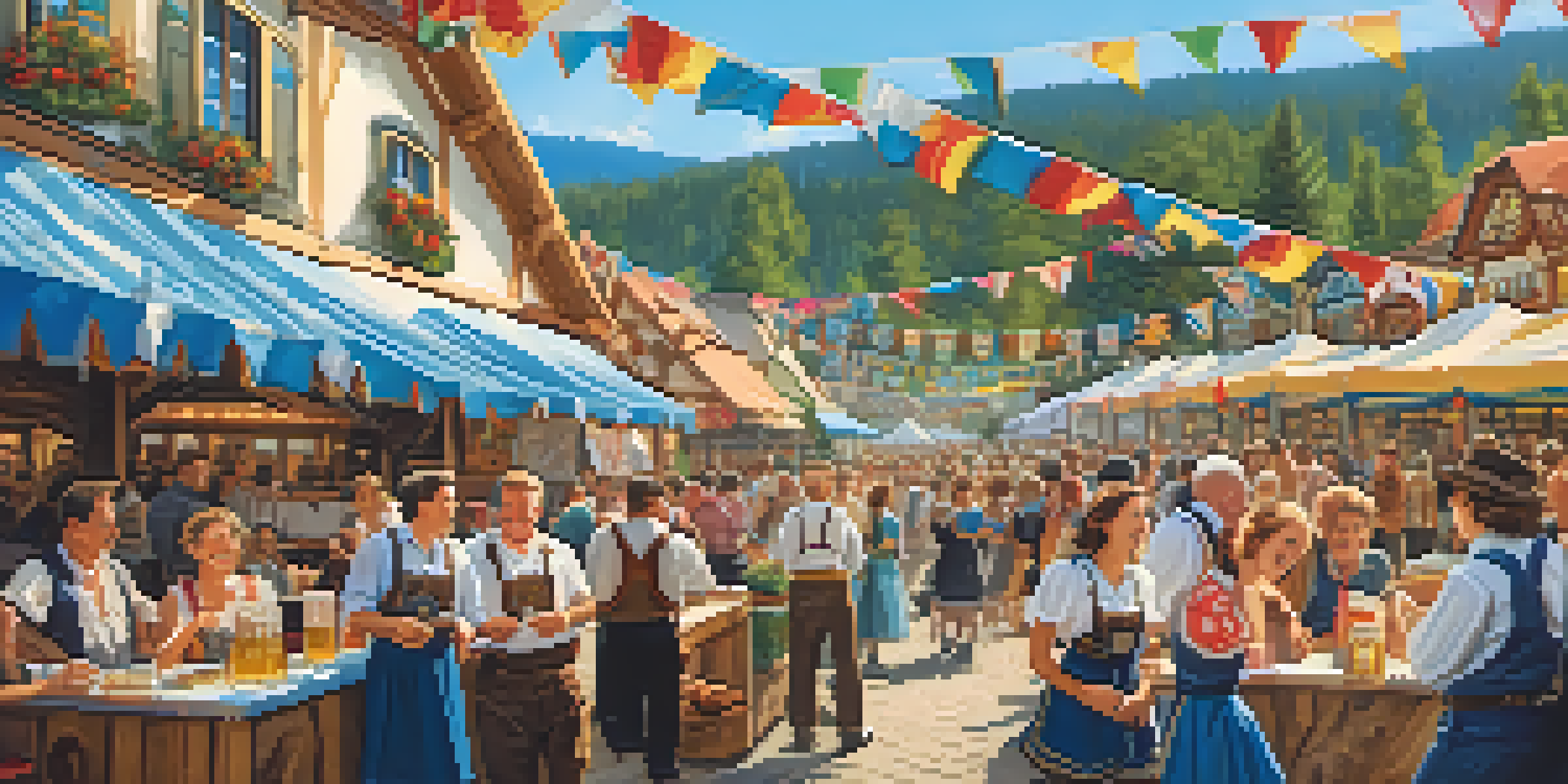 Families in traditional Bavarian attire enjoying food and music at the Big Bear Oktoberfest festival.