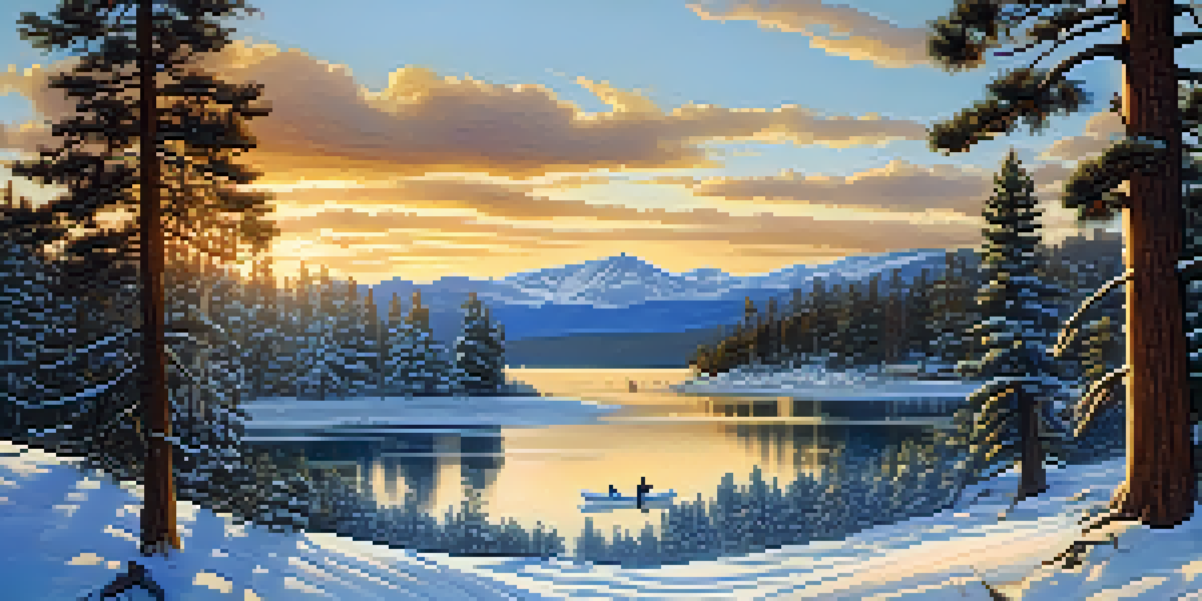 A serene winter landscape with a snowy lake and pine trees, a family building a snowman in the foreground.