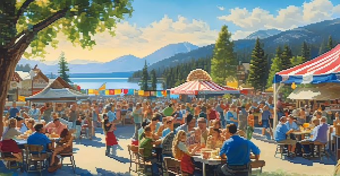 A vibrant festival atmosphere with families enjoying food and decorations at Big Bear Lake Oktoberfest.