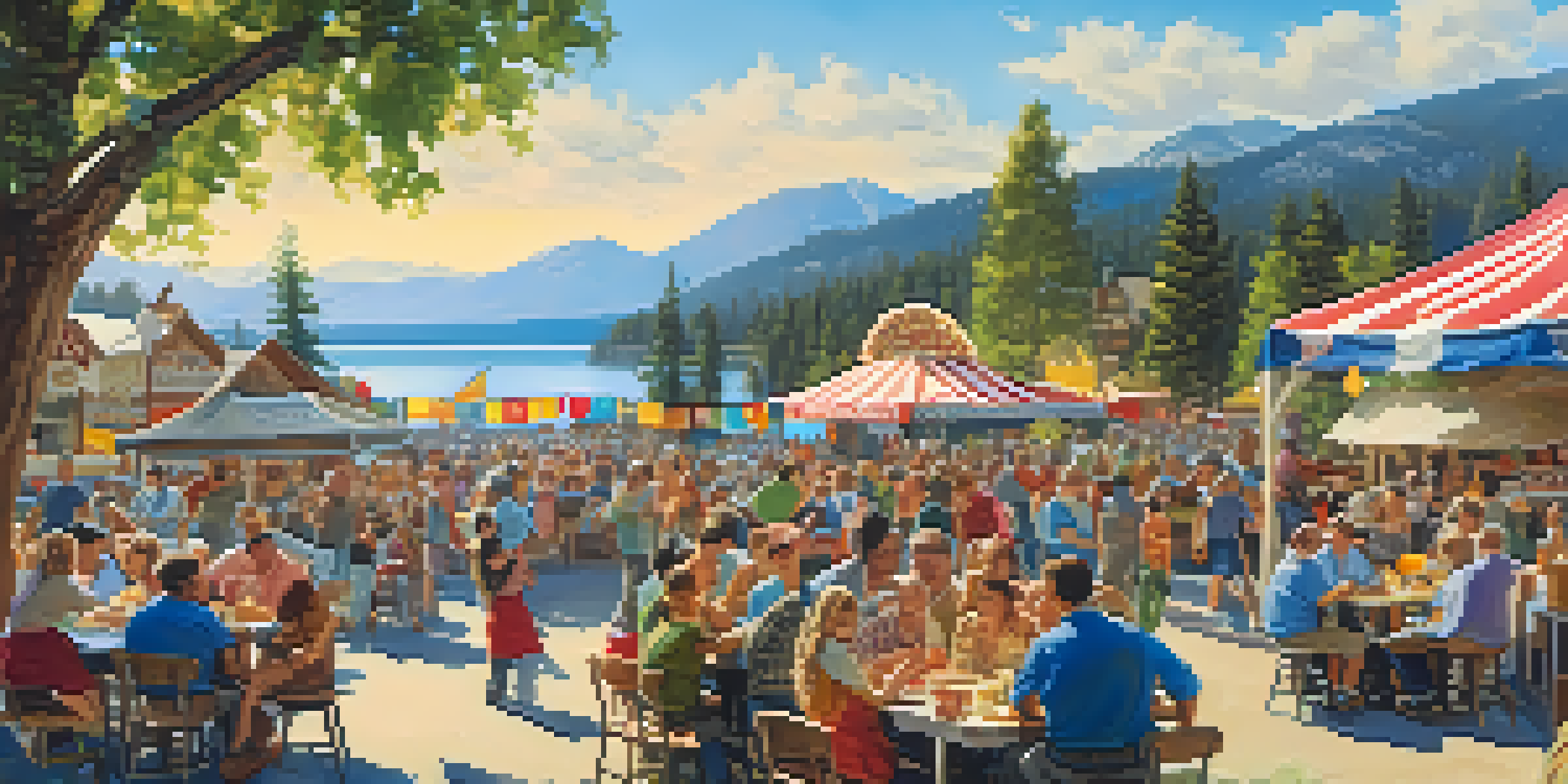A vibrant festival atmosphere with families enjoying food and decorations at Big Bear Lake Oktoberfest.