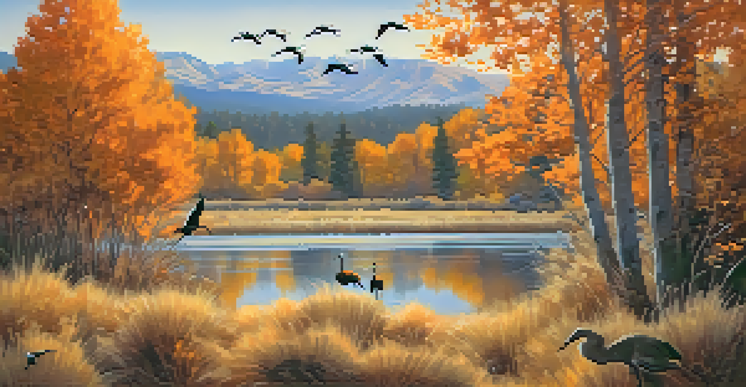 A flock of Sandhill Cranes flying over a landscape adorned with golden and orange autumn leaves, depicting the peaceful atmosphere of fall migration in Big Bear.
