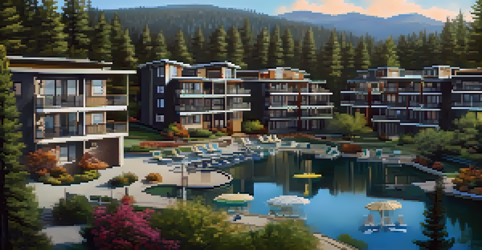 An aerial view of a modern condominium complex in Big Bear surrounded by nature and the lake.