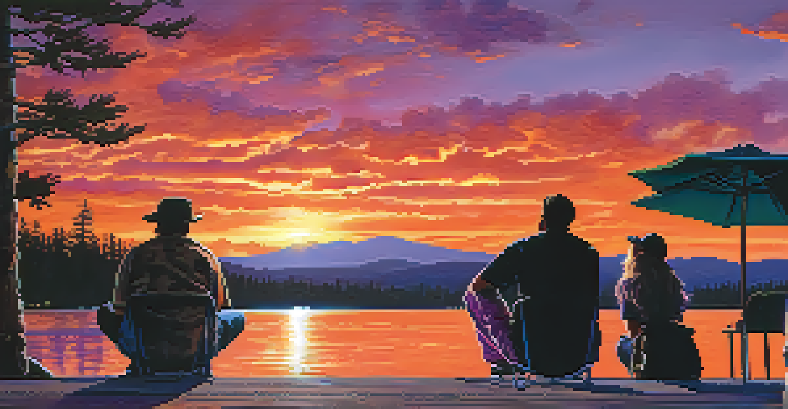 A picturesque sunset over a lake with musicians performing on stage, silhouetted against a colorful sky at a music festival.
