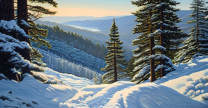 A winter hiking trail in Big Bear with snow-covered trees and footprints in the snow, illuminated by soft sunlight.