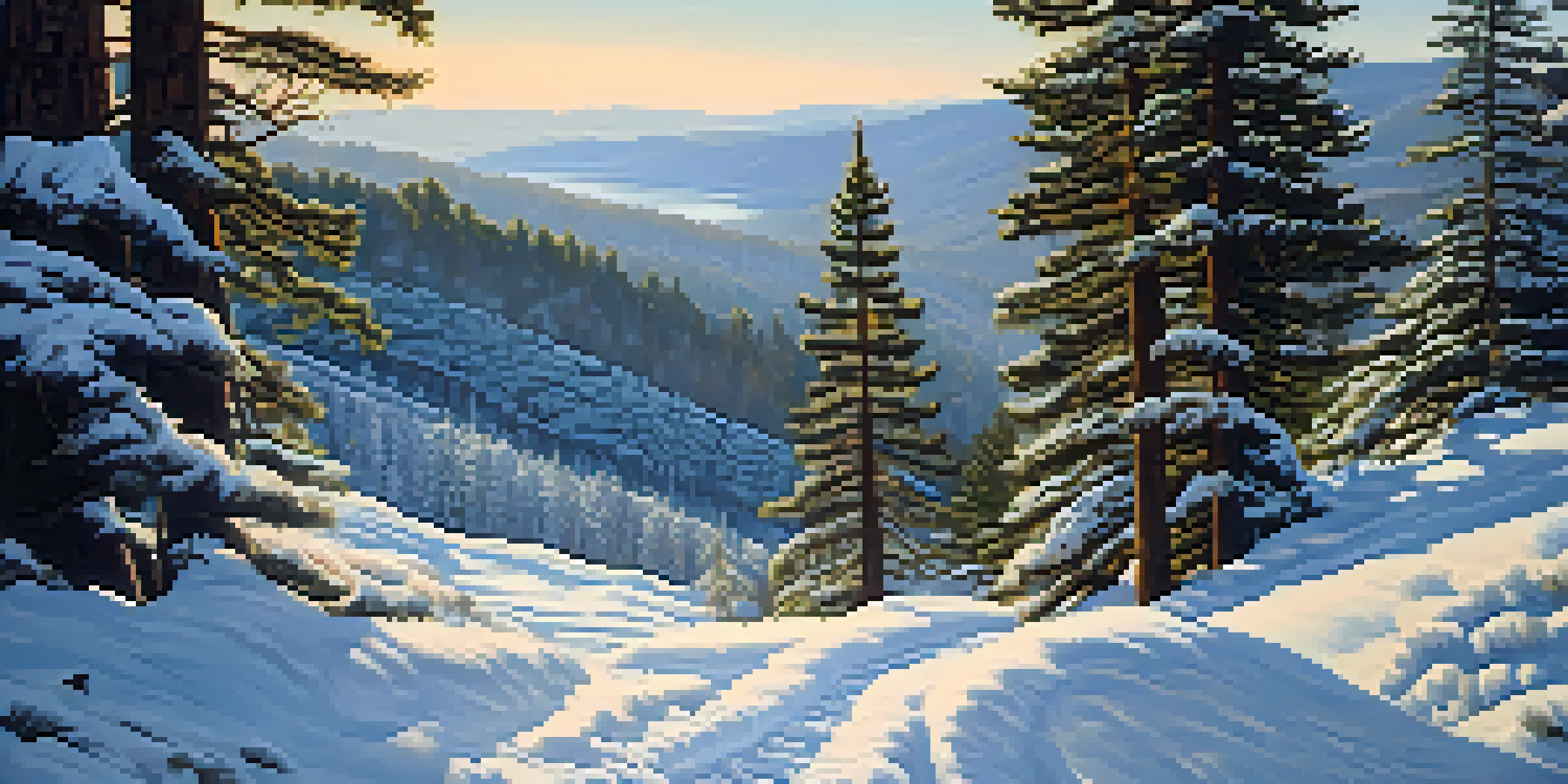 A winter hiking trail in Big Bear with snow-covered trees and footprints in the snow, illuminated by soft sunlight.