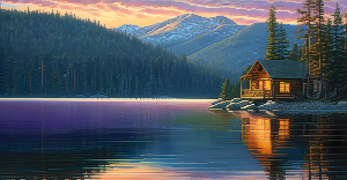 A picturesque sunset over Big Bear Lake, with pine trees and a rustic cabin in the foreground.